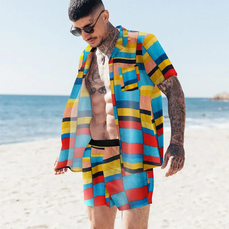 

Men's suit 2021 summer new style shirt shorts casual beachwear fashion short-sleeved + lace-up pants 2 sets of sportswear