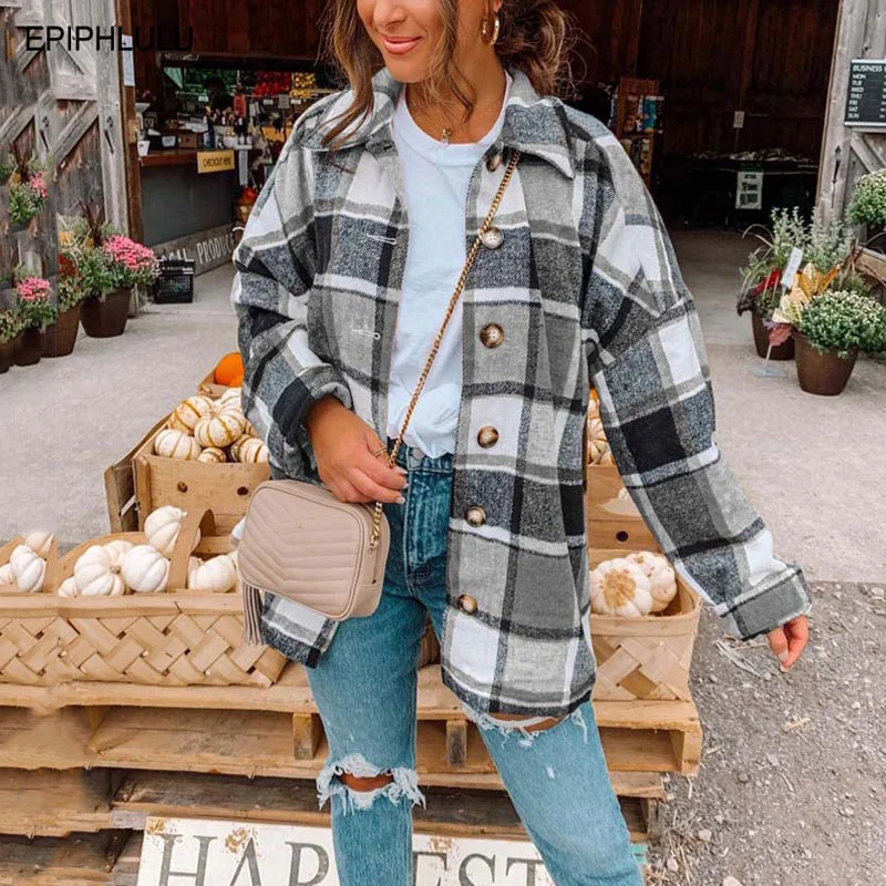 

Женская клетчатая куртка DSTWJMX, Осень-зима 2021, новая однобортная Свободная рубашка с длинным рукавом и отложным воротником, верхняя одежда