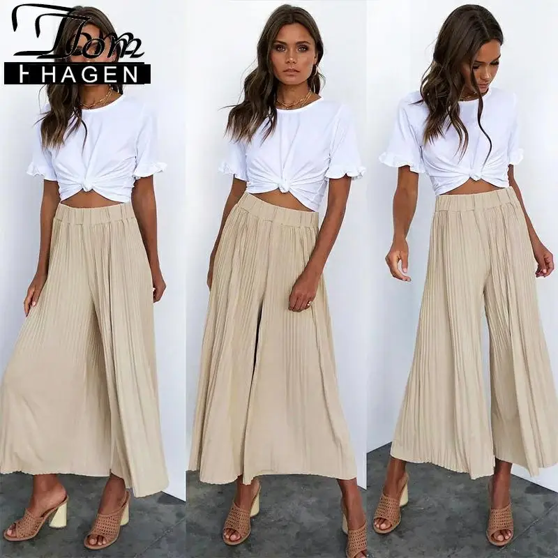 Брюки женские черные с завышенной талией плиссированные штаны широкими