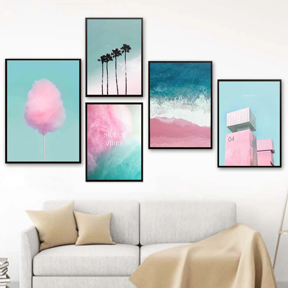 

Spun Sugar Palm Tree Wave Beach Building Wall Art Canvas Painting Nordic Posters And Prints Wall Pictures For Living Room Decor