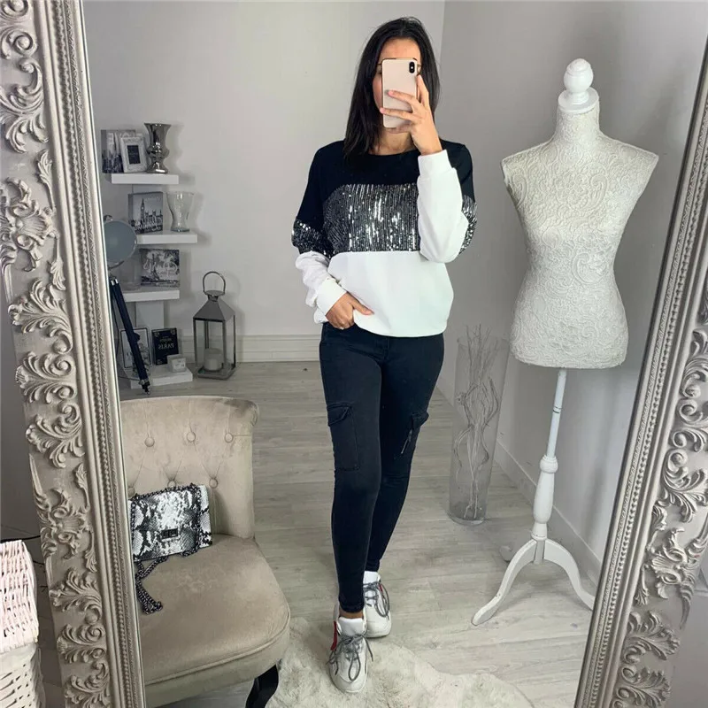 

Women Autumn Spring Blouse Sequins Full Sleeve Tops Sequined Splicing Tops Casual Baggy Loose Pullover Top Shirt Female Clothing