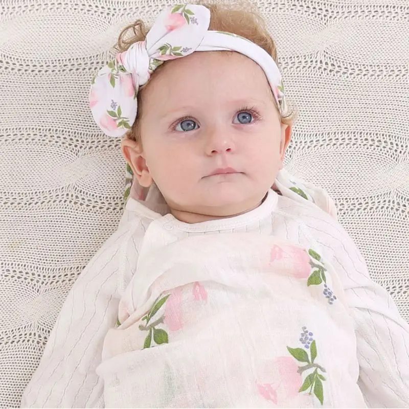 

2 Pcs Newborn Baby Cotton Receiving Blanket Headband Set Infant Print Swaddle Wrap Sleeping Bag Hair Band Kits