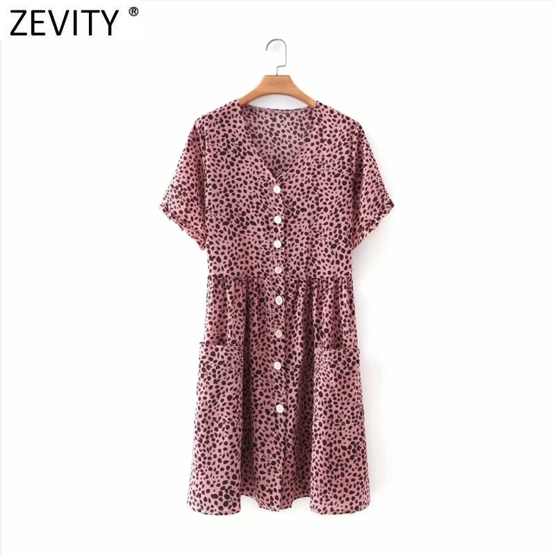 

Zevity 2021 Women Vintage V Neck Leopard Print Breasted Mini Dress Chic Female Short Sleeve Double Pockets A Line Vestido DS5009
