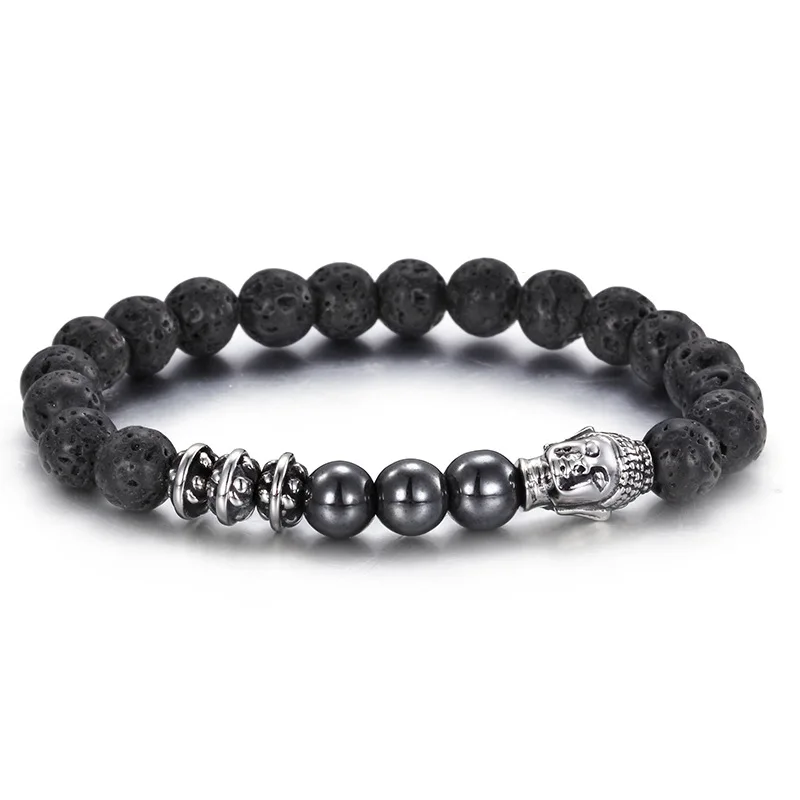 

Agate Buddha Bead Strand Bracelets Jewelry Lava Volcanic Stone Ancient Silver Buddha Head Stainless Steel Bracelet Hiphop/Rock