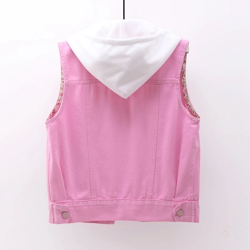 Жилет женский джинсовый с капюшоном модный приталенный однобортный жилет из