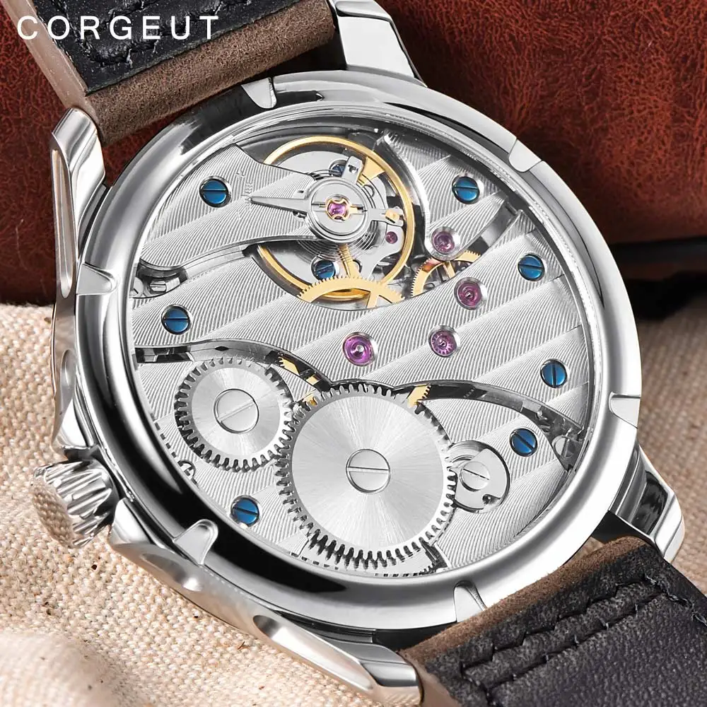 

Corgeut 44mm Men Watch 17 Jewels Mechanical Hand Winding Watch Seagull 3600 Movement 6497 Leather Sport Luminous Wristwatch Men