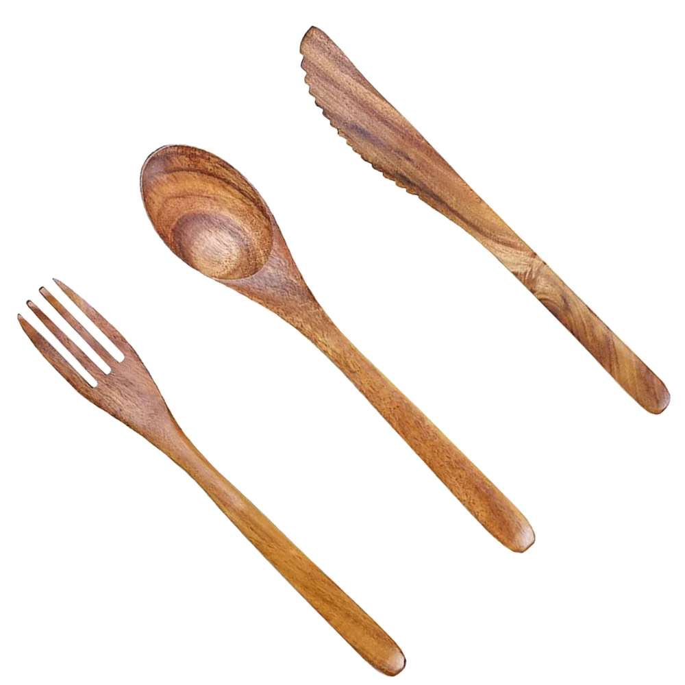 

1 Set Wood Tableware Simple Food Spoon Practical Dessert Fork Feeding