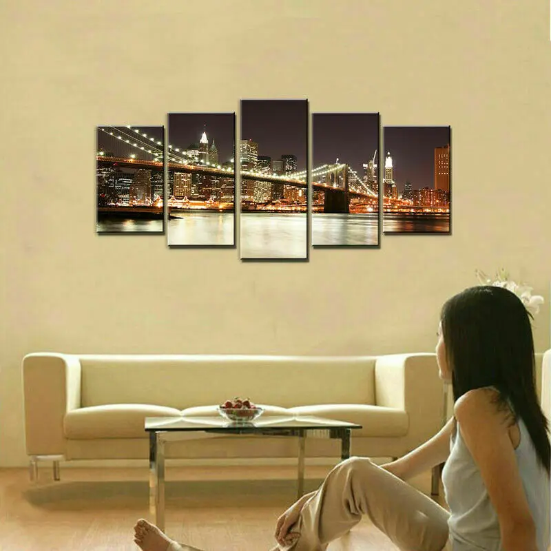 

No Framed Canvas 5Pcs Brooklyn Bridge Brown Wall Art For Living Room Posters Prints Pictures Paintings Home Decor Decorations