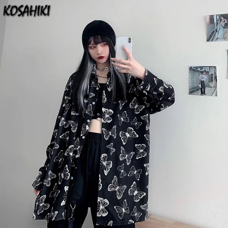 

KOSAHIKI женская блузка на каждый день с принтом в виде бабочек рубашки свободного кроя в Корейском стиле Стиль винтажная мода харадзюку женски...