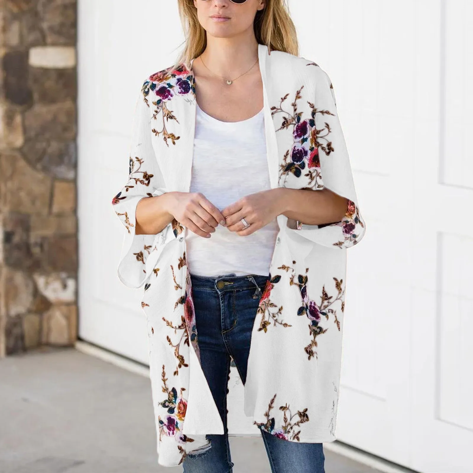 

Women's Loose Floral Print Blouse Summer Casual Boho Chiffon Cardigan Sunscreen Coat Shawl Kimono Cardigan Tops Plus Size