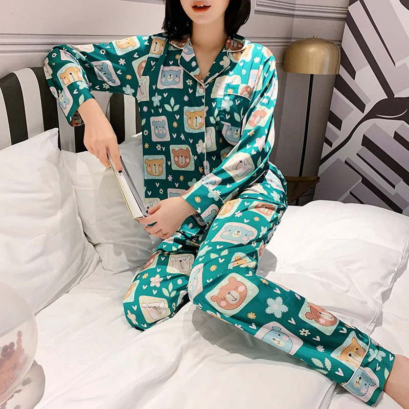 Женские пижамные комплекты с принтом медведя 2 шт. одежда для сна длинным рукавом