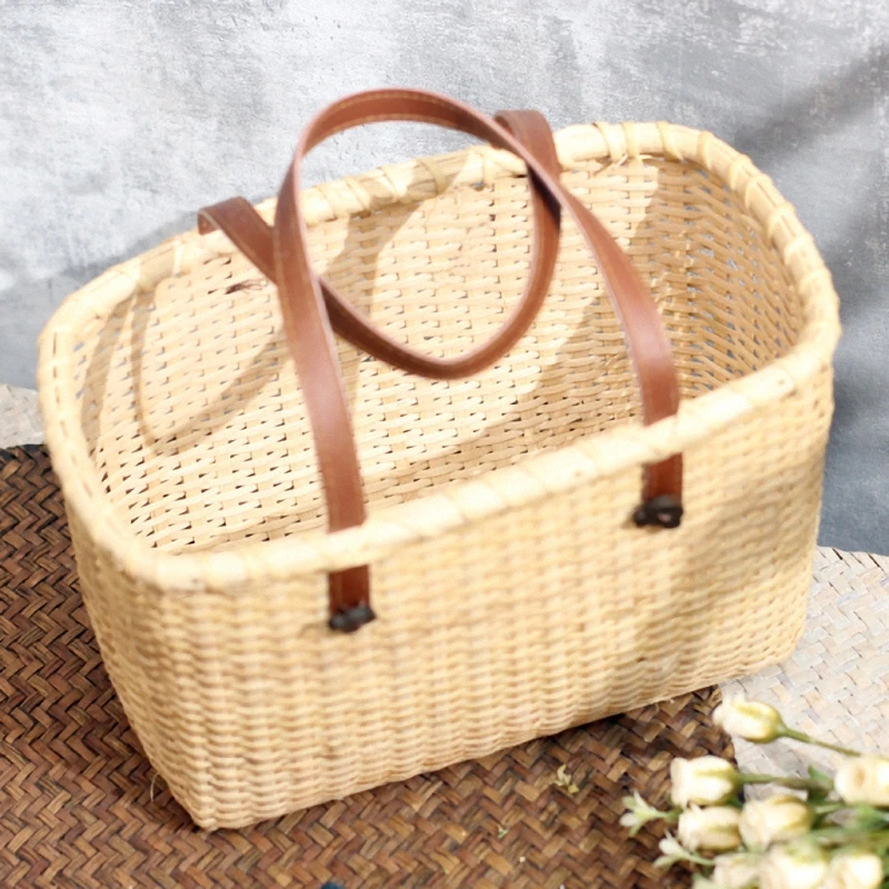

Rattan Flower Basket Double Handle Basket Home Woven Storage Basket Wicker Wood Chip Hand Basket