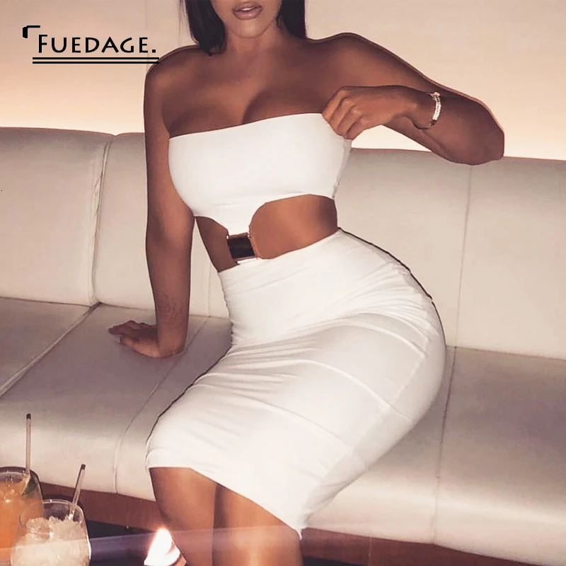 Fuedage 2019 пикантное облегающее платье без бретелек с вырезами женское карандаш