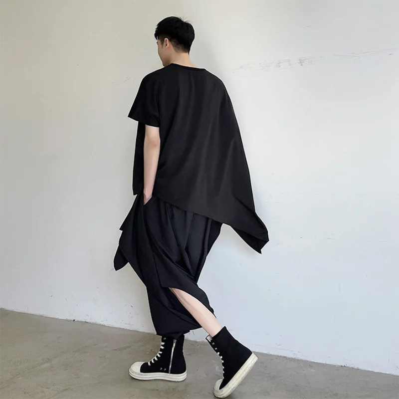 Men summer irregular asymmetry niche design large size loose round collar personality T-shirt stylish dark INS shirt