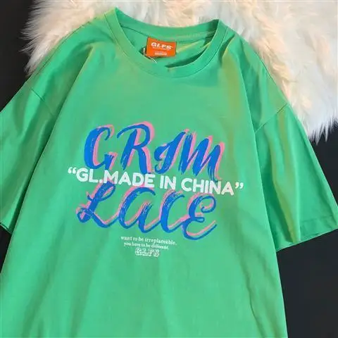 

100% Cotton Hip-hop Letter Printed Short-sleeved T-shirt Men and Women Trendy Street Loose Casual Couple Half-sleeved