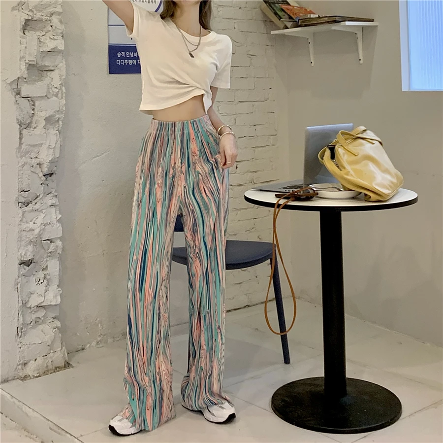 

ZCSMLL Tie-dye Printed High-waisted Straight Loose Women Pants Leg-length Draped Casual Pants Trousers Women 2021 Spring Summer
