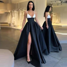 Vestidos De baile De graduación sin mangas con tirantes finos y escote en V, bata nueva De noche Sexy De satén en blanco y negro (3)