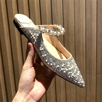 fashion pointed toe half slippers womens outer wear 2022 spring summer rhinestone decoration flat bottom women mules