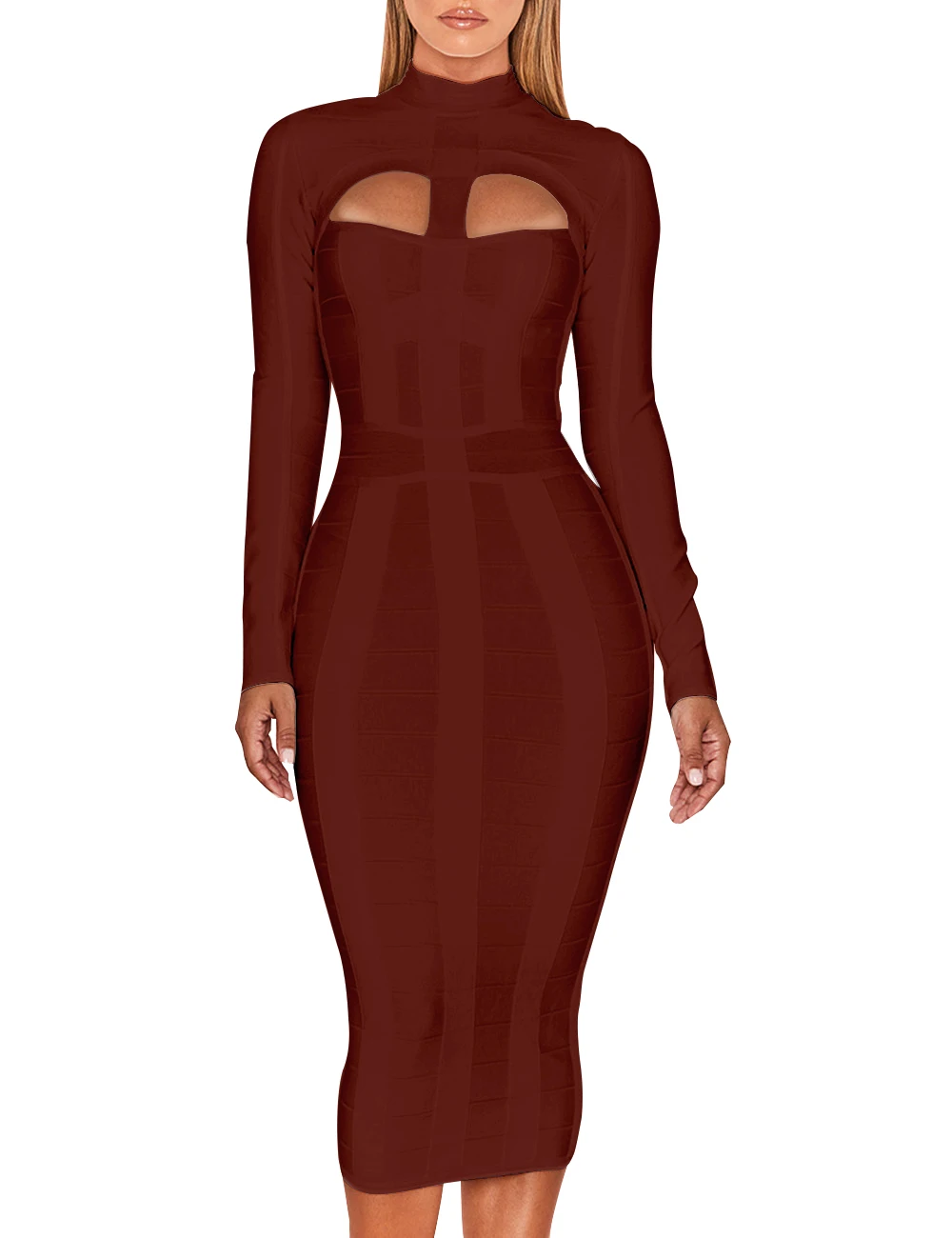 Женское облегающее платье средней длины с высоким воротником |