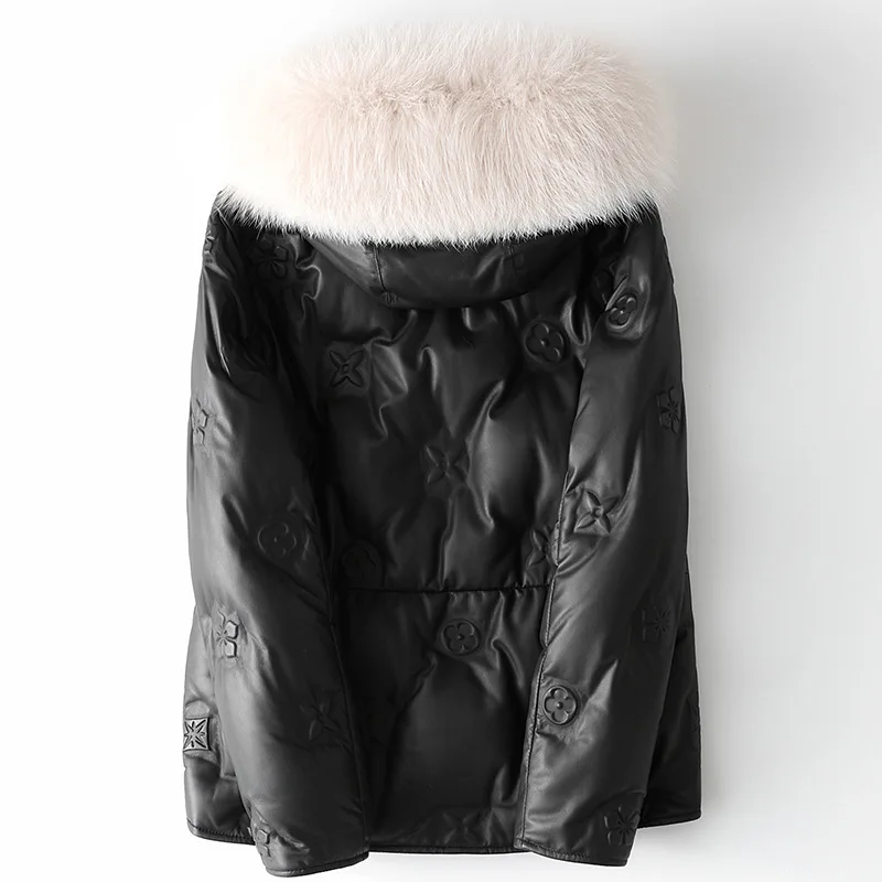 Fall Fashion Fox Collar Hooded Leather Down Jacket Women Casual Sheepskin Coat Winter Warm Thick High Quality Genuine Fur Jacket