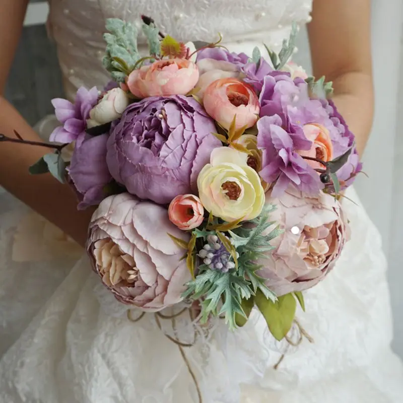 Realistic Artificial Peony Wedding Bouquets Handmade Tea Rose Fake Berry Romantic Bride Bridesmaid Holding Flower Party Decor |