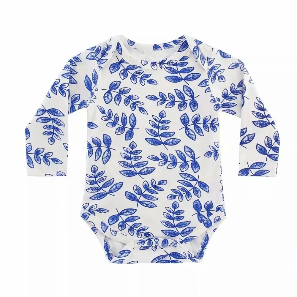 Детский комбинезон с длинным рукавом и принтом синих листьев|Ромперы| |