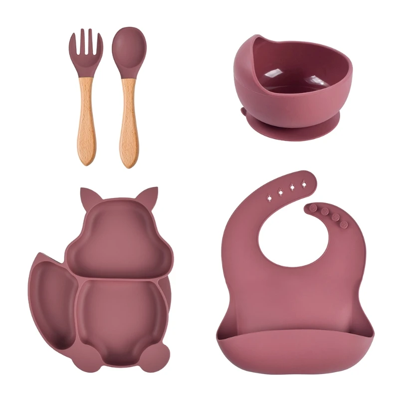 

57EE 5 PCS Baby Silicone Dish Bib Set Feeding Tableware Baby Kitchenware Multi-Color Bowl Bib Spoon Plate Fork Set