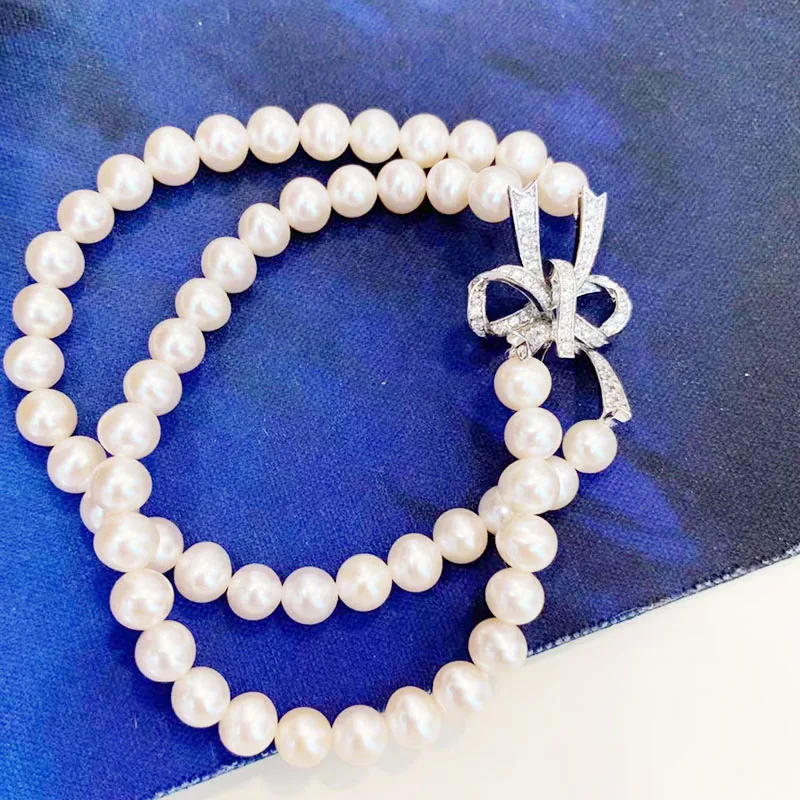 

free shipping 2row Jewelry natural 7-8mm gray pearl bracelet 7.5-8inch micro inlay zircon crystal Butterfly clasp