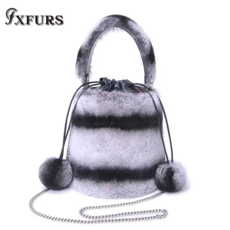 2020 New Style Real Rex Rabbit Fur Handbags Ball Chain Bucket Bag Hand b/l Shoulder Slant Shoulder Female Bag Tide Winter Warm