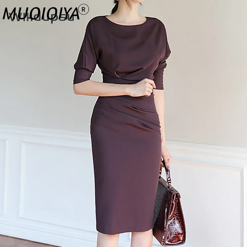 

Женское Деловое платье, элегантное офисное платье в Корейском стиле, повседневные деловые винтажные платья-карандаш средней длины с круглы...