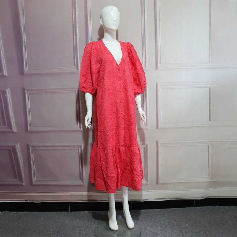 Женское платье с V-образным вырезом повседневное однотонное средней длины