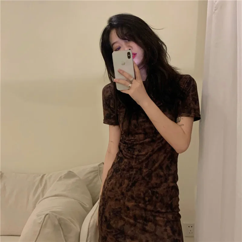 

Summer Dresses For Women Korean Style Harajuku Print Vintage Bodycon Dress Short Sleeve O Neck Elastic Slim Ladies Clothes 2021