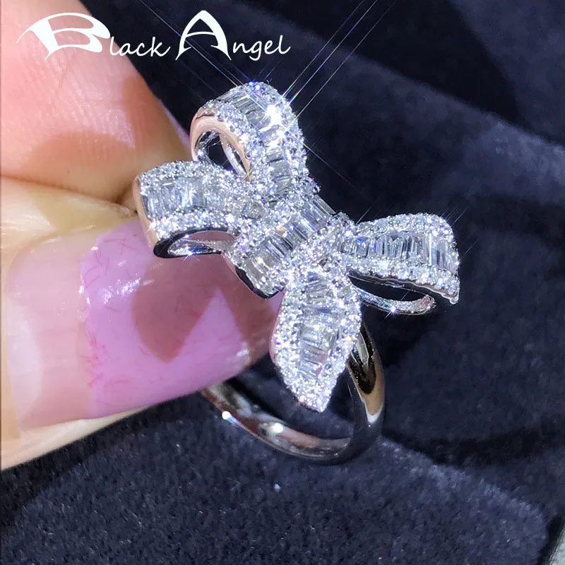 

BLACK ANGEL 18K Gold Luxury White Zircon Crystal Gemstone CZ Bowknot Ring For Women Wedding Engagement 925 Silver Jewelry Gift