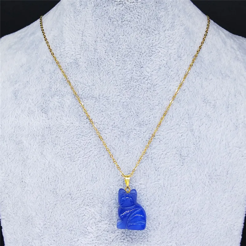 

2021 Fashion Blue Cat Stainless Steel Natural Stone Necklace for Women Gold Color Pendant Necklace Jewelry collar gato NXS04