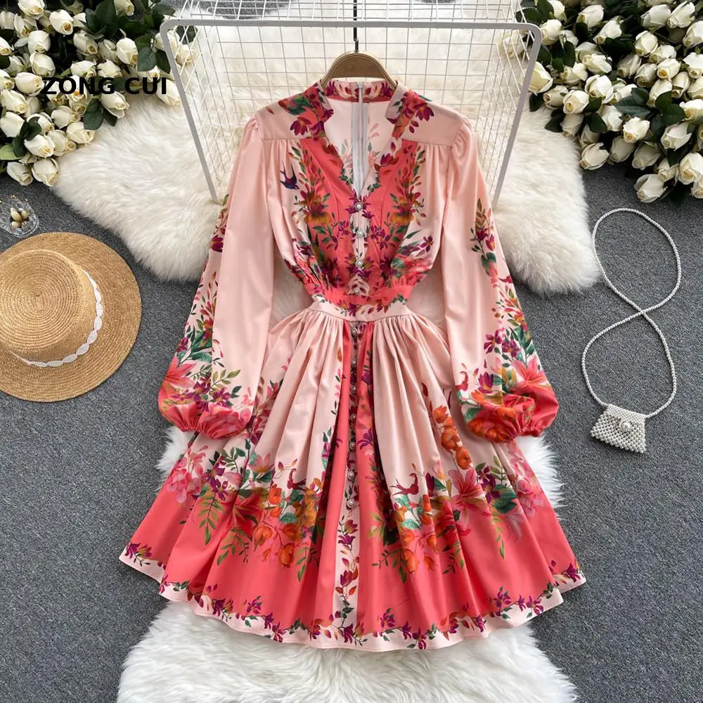 

Spring Autumn Women Elegant Palace Dress V Neck Long Sleeve Button Collect Waist Vintage Print Short Dress New Vestidos Midi