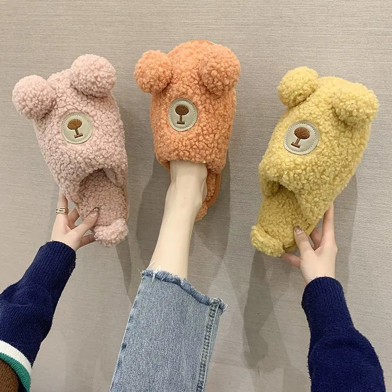 Корейский стиль Сезон весна Домашняя обувь с милым плюшевым мишкой Женская на