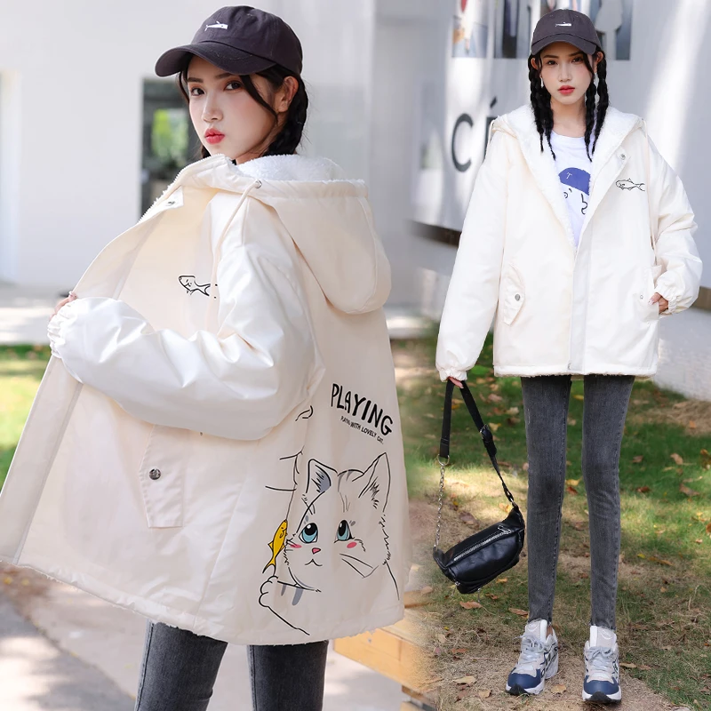 

Autumn and winter lamb wool cotton coat female winter 2021 new style Korean small cute cat cotton coat cotton coat