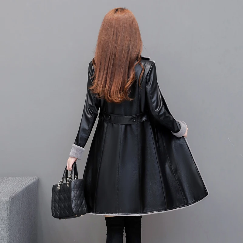 M-4XL Women Leather Coat Winter  New Fashion Thicken Keep Warm Plus Velvet Outerwear Long Tops Jacket Female Black Overcoat enlarge
