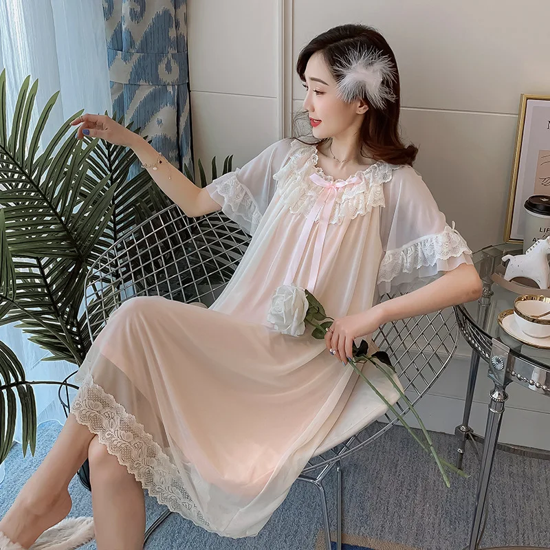 New Lace Court Nightdress Women's Summer Fresh Princess Long Dress Casual Korean Short Sleeve Sexy Nightgown Lady Sleepwear