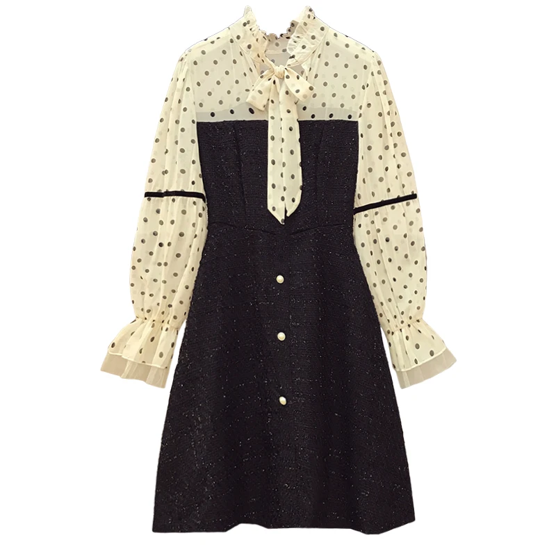 

plus size dress female vestidos 2020 dot print bow button patchwork A line autumn dresses elegant vintage casual women dress