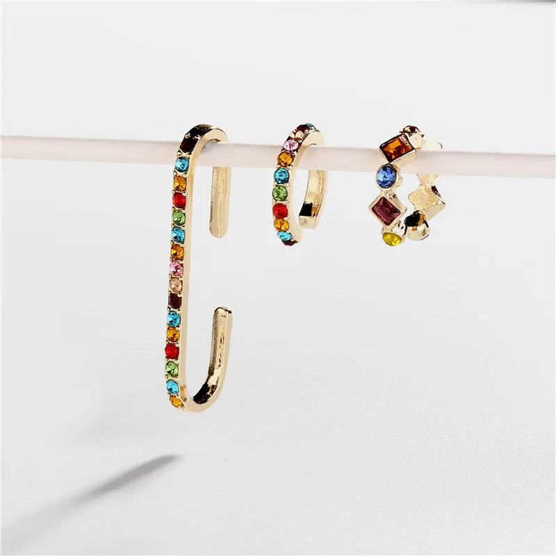 F.I.N.S Colorful Crystal Ear Clip without Puncture Cuff Earrings Set Three pcs Rainbow Ear Cuffs Stacked Earings Fashion Jewelry
