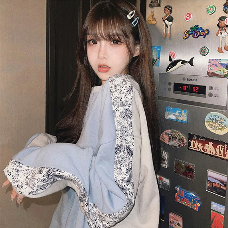 

Fall Cashew Flowers Print Women T Shirt Student Loose Casual Long Sleeve Harajuku Top Pulover Fashion Spliced Wear On Both Sides