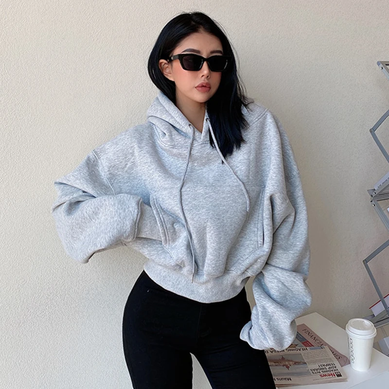 

Winter Women Solid Fleece Hoodies Clothing Long Sleeve Tops Loose Pocket Sweatshirt Female Casual Pullover