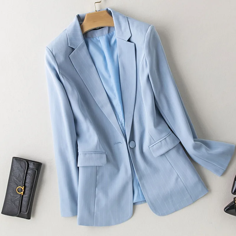 Женский блейзер в полоску повседневный Блейзер синего цвета с длинным рукавом на