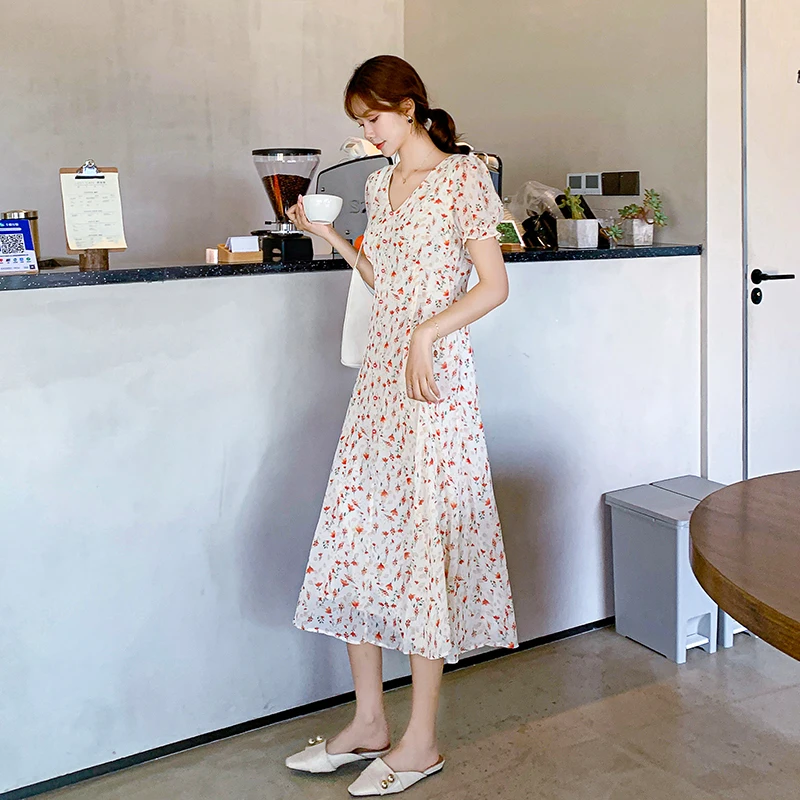 

chiffon floral dress long French retro elegant print Short Sleeve maxi Party beach Dresses for women