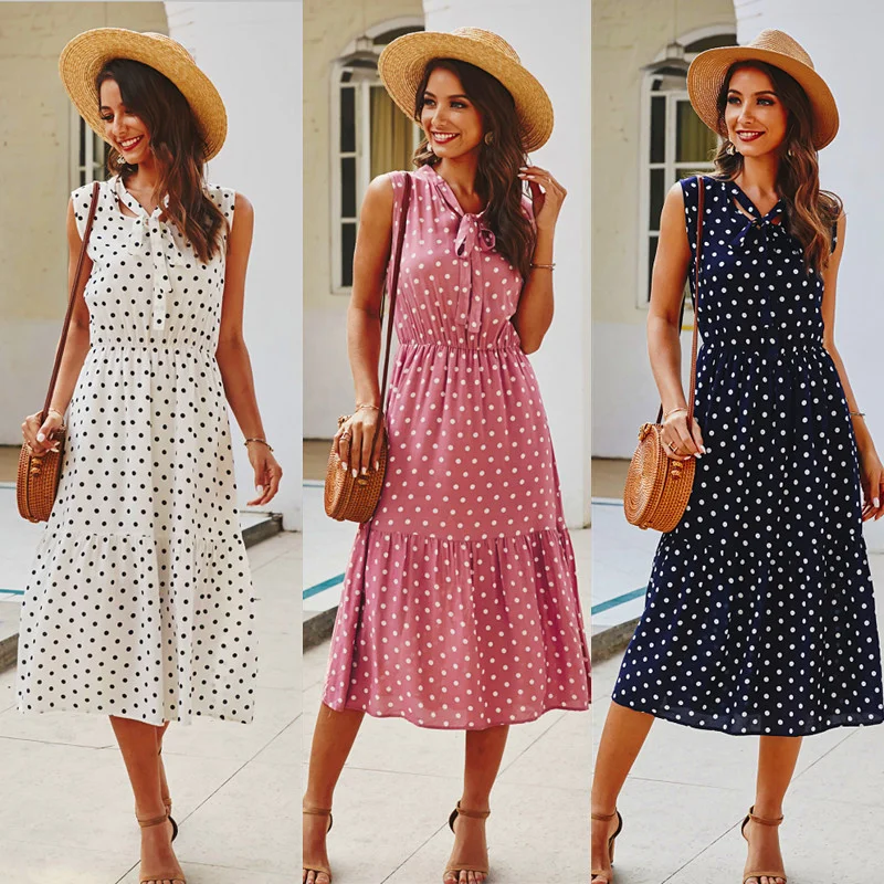 

Summer Bandage Dress Women Polka Dot Chiffon White Elegant Sleeveless Beach Casual Bow Collar Plus Size Midi A-Line Tank Vestido