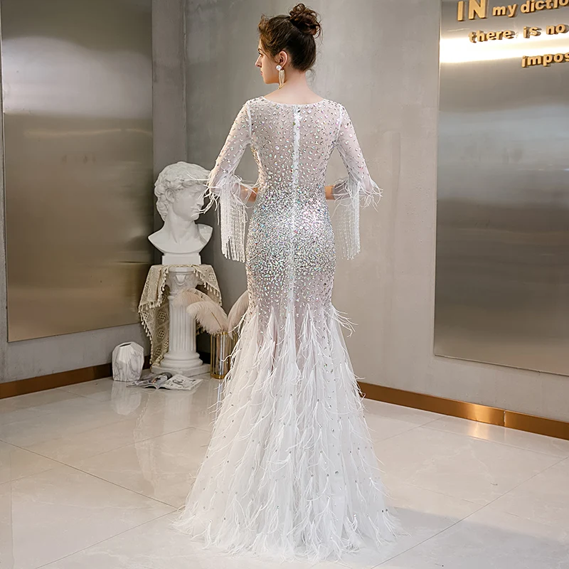 Sexy High Slit Prom Dresses Beads Light Gray Mermaid Lady Formal Evening Gown Feathers High Quality Party Prom Evening Dresses