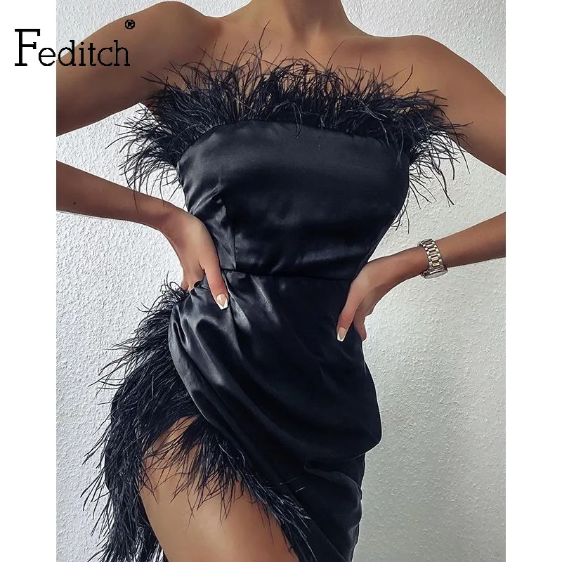 Feditch черное перо облегающее миди платье с открытыми плечами сексуальное без