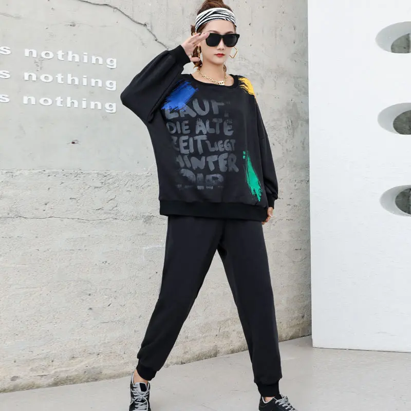 

XITAO Letter Print Movement Pant Sets Women Fashion New Loose Pullover Top Casual Elastic Waist Full Length Pants 2021 CLL1604