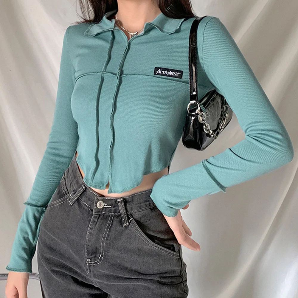 

Women's Niche Level Design Sense Open Line POLO Collar Slim Bottoming Shirt Ins Wind Distressed Long-sleeved Trendy T-shirt